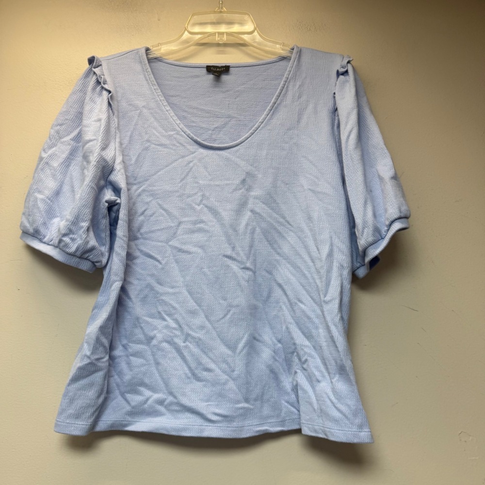 Talbots‎ Textured Puff Sleeve Top Women L Blue Excellent Ruffle Shoulder Knit
